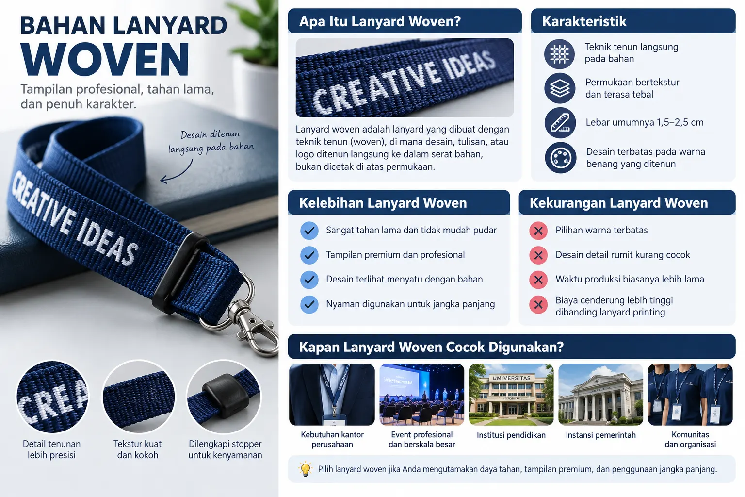 Bahan Lanyard Woven,Karakteristik, Kelebihan, Kekurangan, dan Kapan Cocok Digunakan